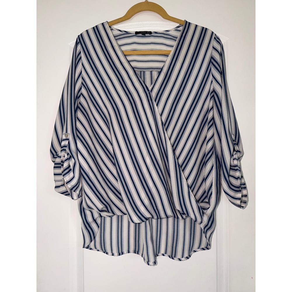 West Kei Striped Surplice Blouse Blue White Tab Sleeve High Low Top TU38205-C9 L